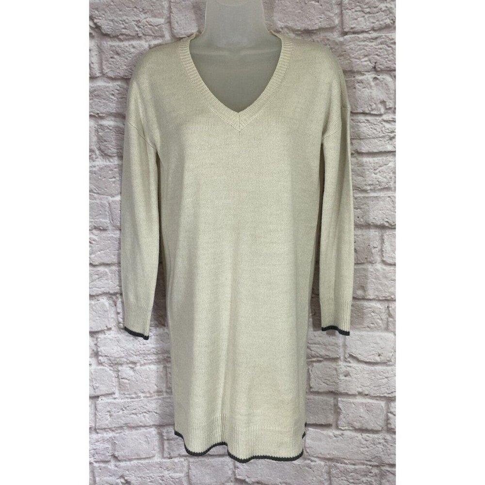 NEW Cupcakes and Cashmere Sweater Dress Womens XS Ivory Gray Trim Stretch 9527